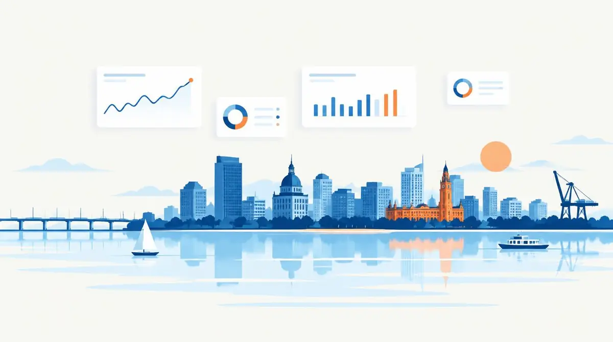 Skyline de Porto Alegre às margens do Guaíba com painéis de indicadores de campanha