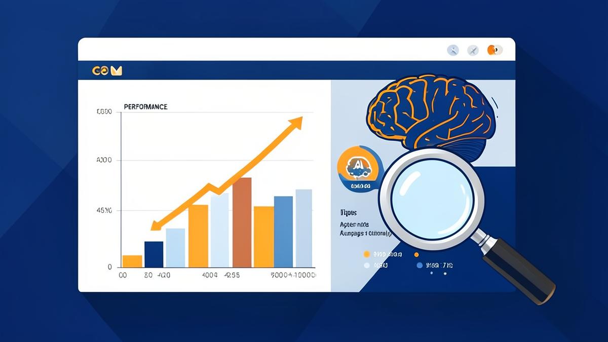 Ilustração de painel de performance de anúncios com gráfico em alta e cérebro de inteligência artificial otimizando campanhas