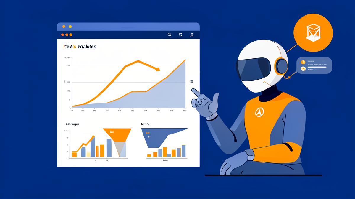 Ilustração de robô de inteligência artificial analisando gráficos e funis em um painel de analytics