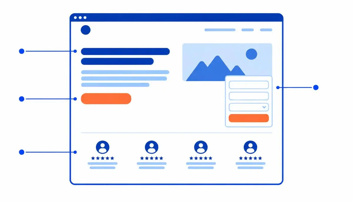 Estrutura de uma landing page com título, prova social, formulário e um único botão de ação destacado