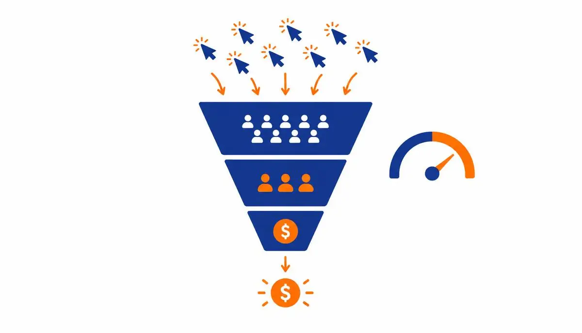 Diagrama de funil mostrando cliques se transformando em leads e depois em vendas, ao lado de um medidor de custo