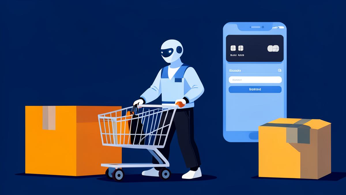 Ilustração de robô de inteligência artificial empurrando carrinho de compras ao lado de celular com pagamento por cartão