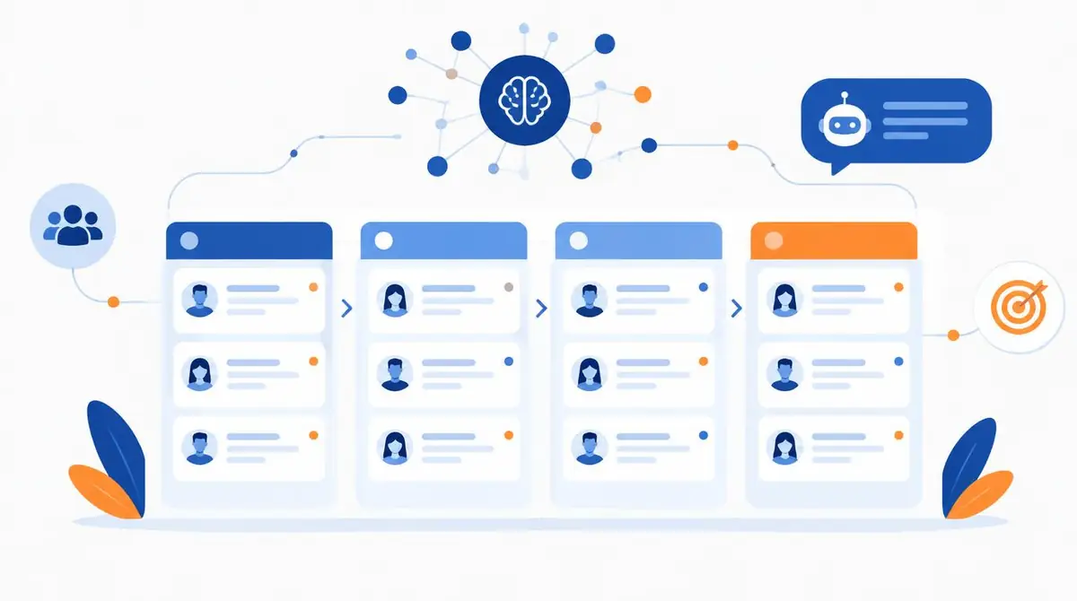 Painel de CRM com cartões de leads avançando pelo funil, apoiado por uma rede de inteligência artificial e um chat automatizado