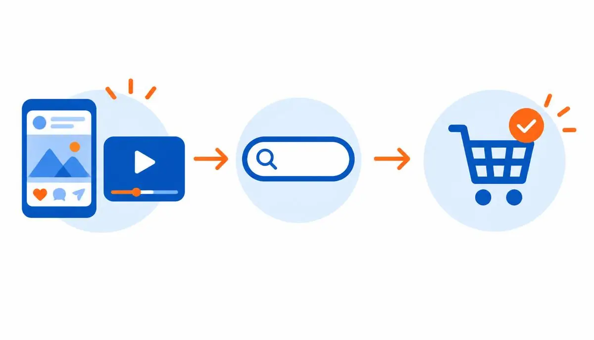 Ilustração da jornada de compra, do feed social e vídeo até a busca e a finalização do pedido