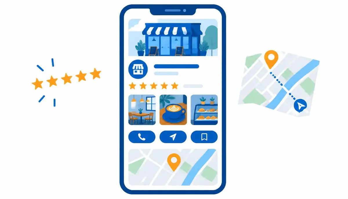 Celular exibindo perfil de empresa local com avaliações, fotos e botões de contato, ao lado de um mapa