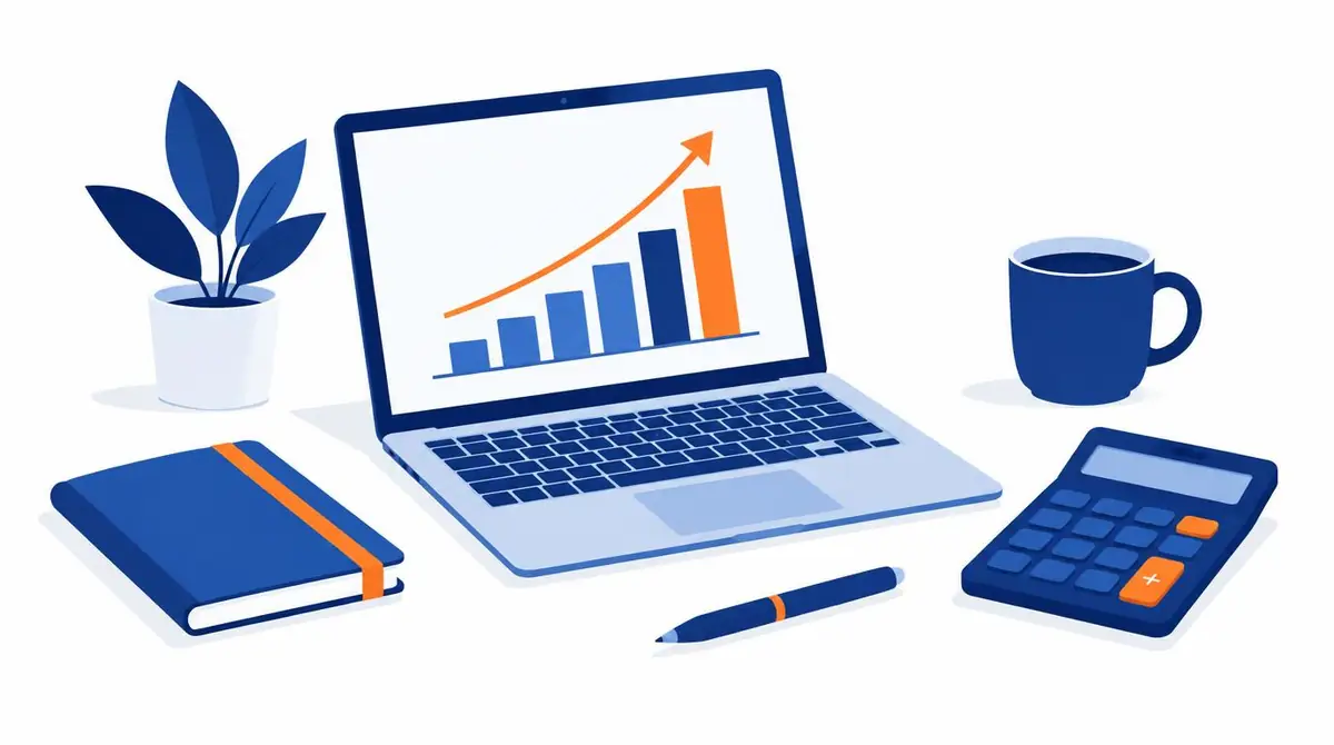 Notebook com gráfico de investimento em anúncios em crescimento, ao lado de calculadora e caderno
