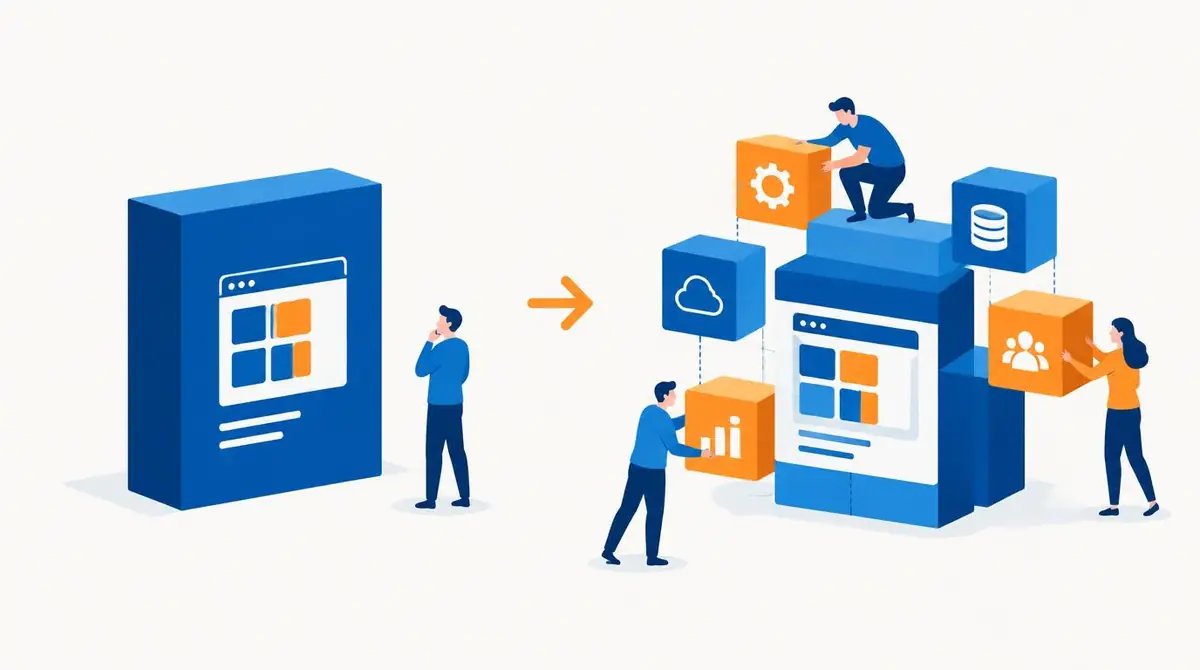 Caixa de software fechada de um lado e equipe montando blocos de uma plataforma personalizada do outro
