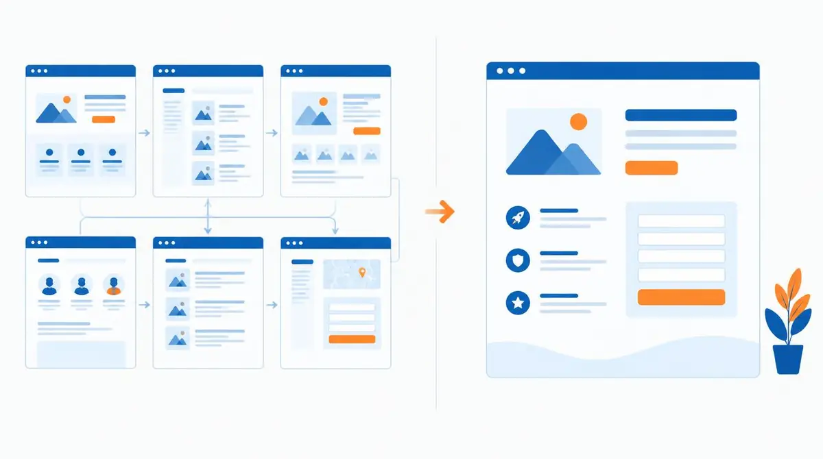 Comparação entre o esquema de um site com várias páginas e o de uma landing page única com formulário