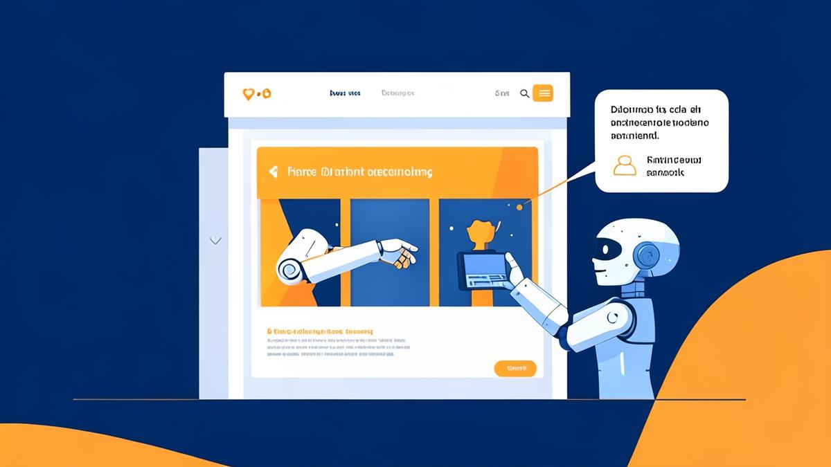 Ilustração de um site sendo analisado por um robô de inteligência artificial que recomenda empresas a consumidores